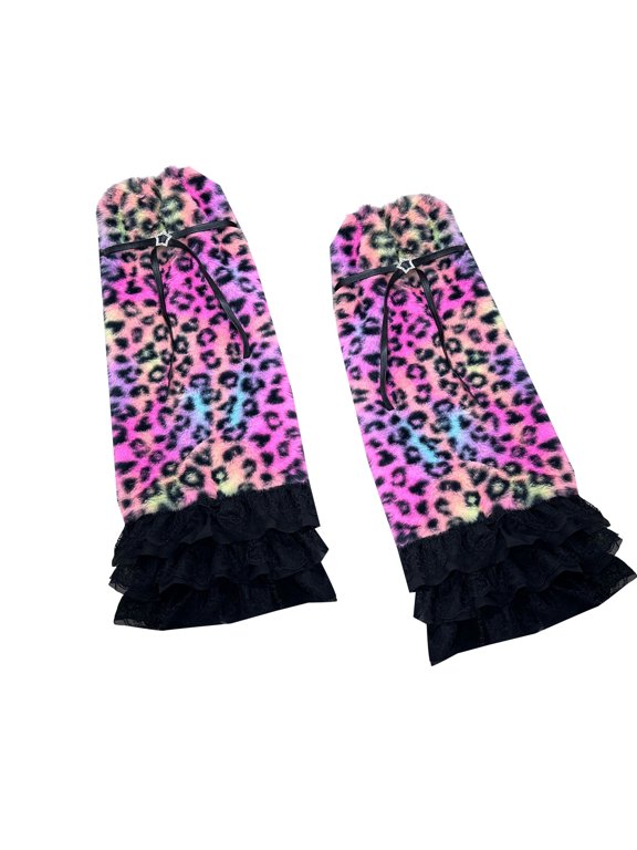 1 Pair Comfortable Fleece Stackable Leg Socks With Leopards Pattern And Lace Trim Adjustable For Cold Weather Outfits