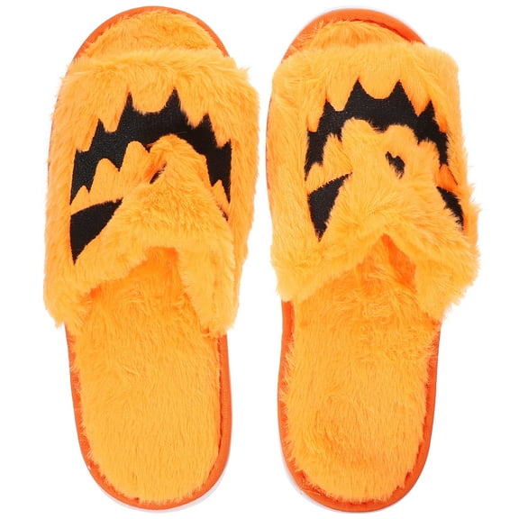 1 Pair Comfortable Halloween Slippers Warm Orange Plush for Men and Women