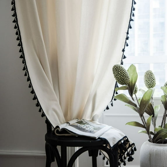 1 Pair Cotton Hemp Milk White Window Curtains with Black Tassel Edge 59" W x 71" L