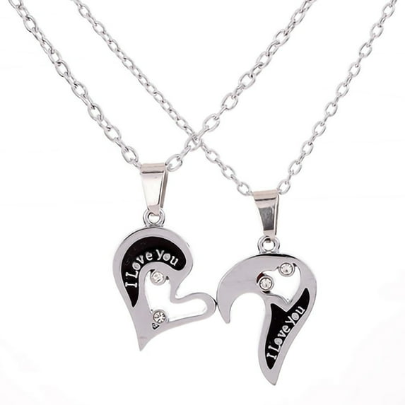 1 Pair Couple Necklace I Love You Rhinestone Inlaid Unisex Heart Shape Pendant Lover Necklace for Anniversary