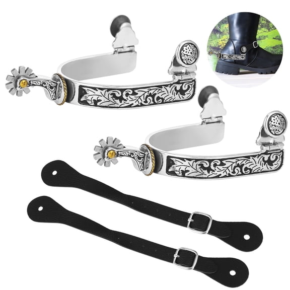 1 Pair Cowboy Spurs with Belts for Men, Stainless Steel Western Spurs, Engraved Pattern, 2 Adjustable Leather Straps, Classic Roping Boot Spurs for Training, Riding