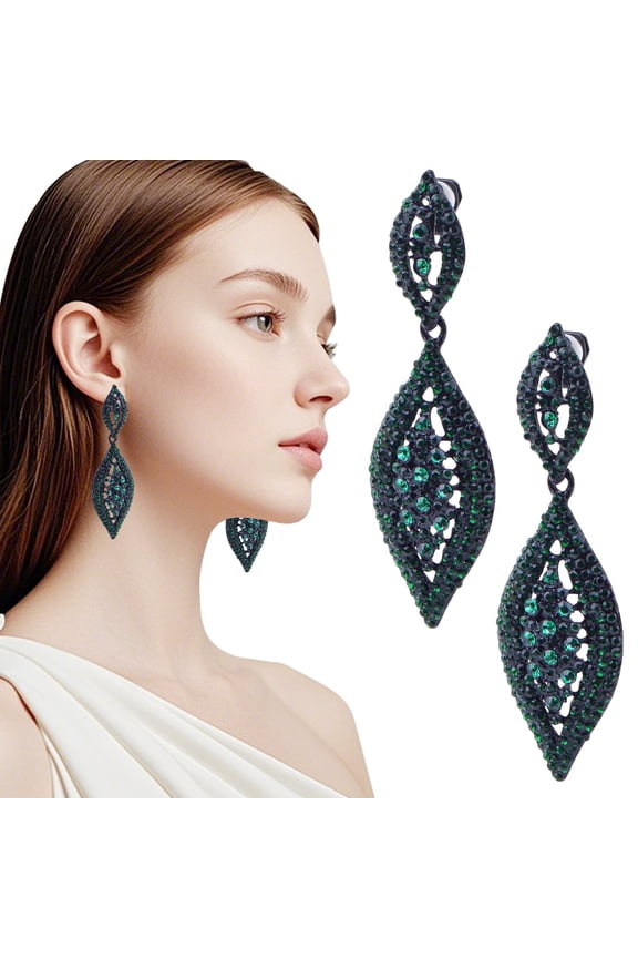 1 Pair Dark Green Clip on Earrings Rhinestone Crystal Wedding Bride Earring Clips Gorgeous Leaf Drop Clip-on Dangle Earrings for Women Non Pierced Ears Earrings Decor