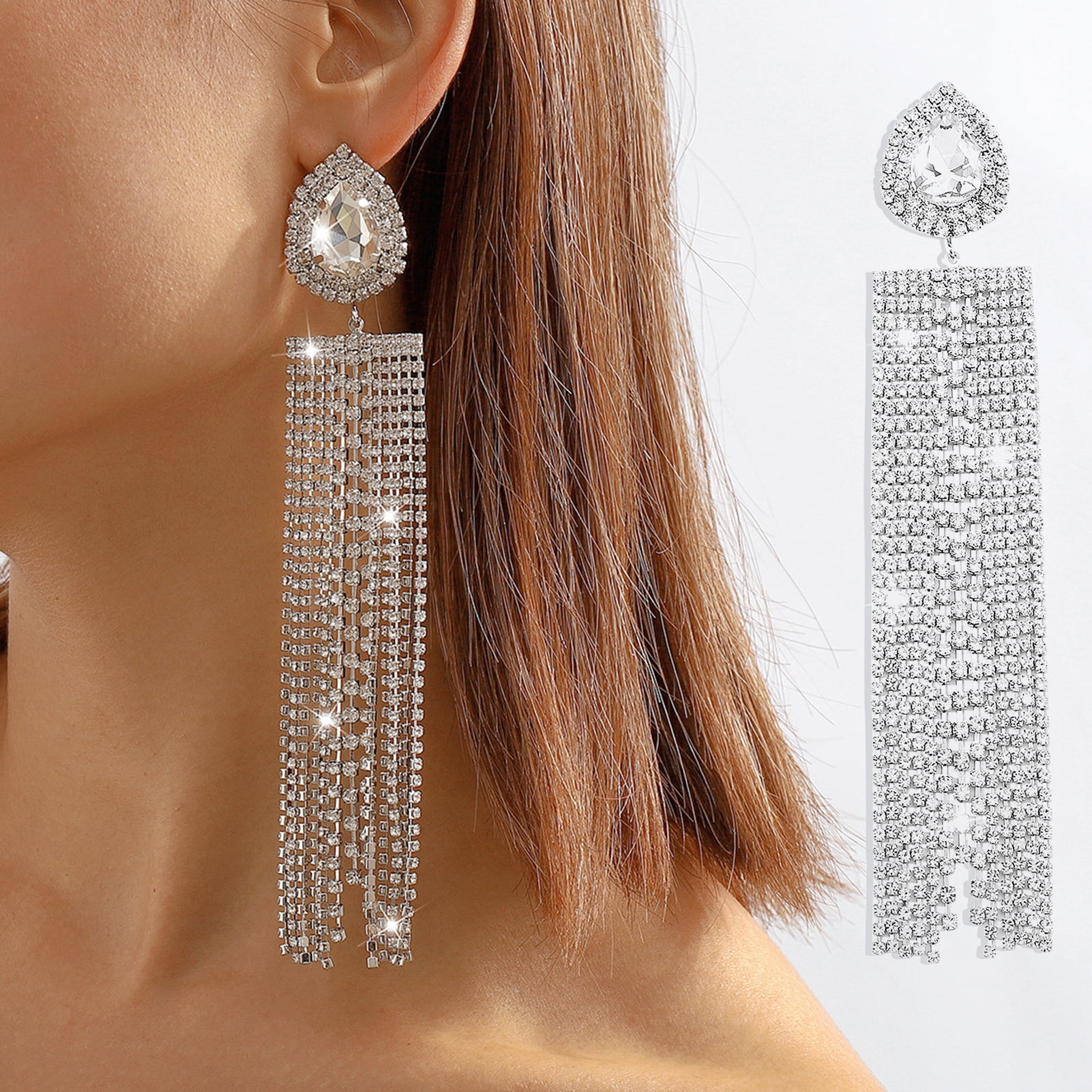 1 Pair Drop Earrings Exaggerated Oversize Geometric Temperament Ornamental Dress Up Elegant Water Drop Long Tassel Faux Crystal Earrings Fashion