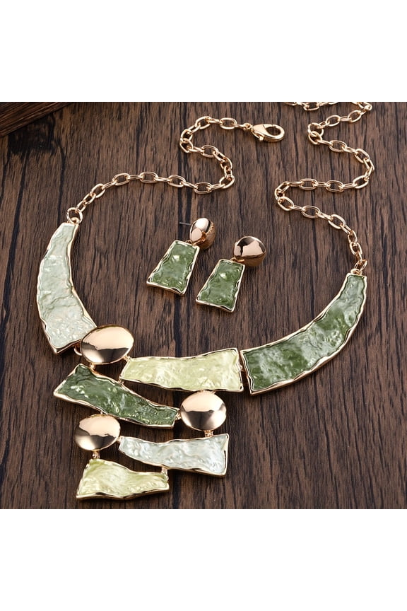 1 Pair Earrings 1 Necklace Women French Simple Geometric Jewelry Sets Vintage Banquet Dress Accessories Gift,Green