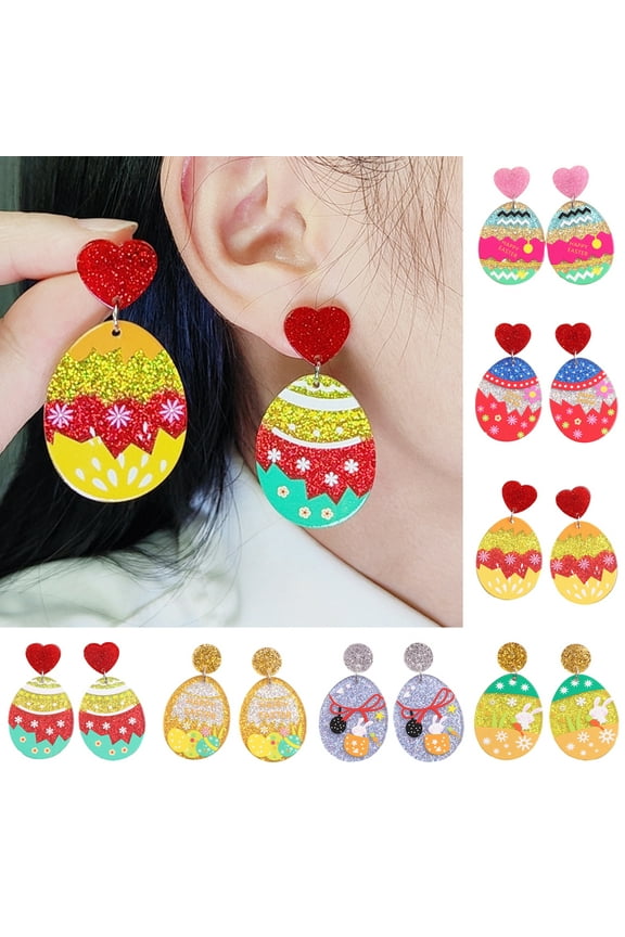 1 Pair Easter Egg Earrings Women Elegant Colorful Bunny Flower Pattern Stud Earrings Shining Acrylic Drop Earrings