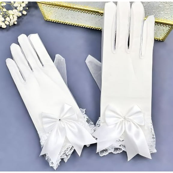HOOWIFFY 1 Pair Elegant Short Bridal Gloves for Women White Lace and Polyester