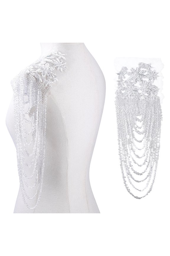 1 Pair Embroidery Plastic Sequin Epaulettes with Glass Beads White 380~420x140x3mm