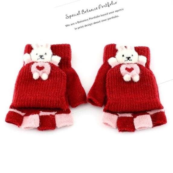 1 Pair Fashion Winter Warm Cartoon Knitted Fingerless Gloves Half Finger Cute Rabbit Fashion Color Matching Gloves RED