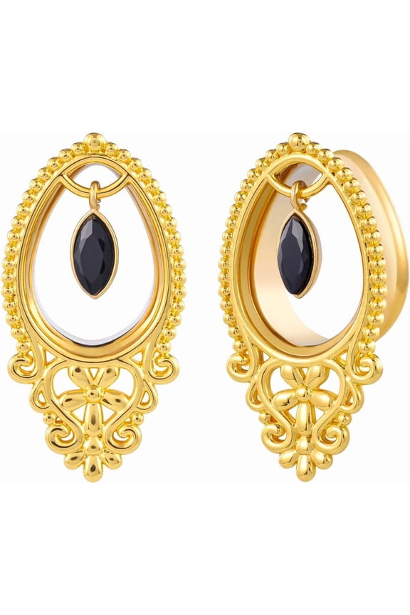 1 Pair Fine Golden Ear Gauges Piercing Jewelry Stainless Steel Ear Dangle Plugs Tunnels Women's Sophisticated Style Floral Texture Ear Stretchers Earrings Expander.[o225]