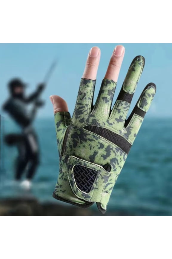 1 Pair Fishing Gloves Men & Women,Camouflage Decoration Anti-Slip Breathable Gloves,Three Finger Free Designs,Suitable For Fishing, Cycling,Fly Fishing Accessories(Green L)