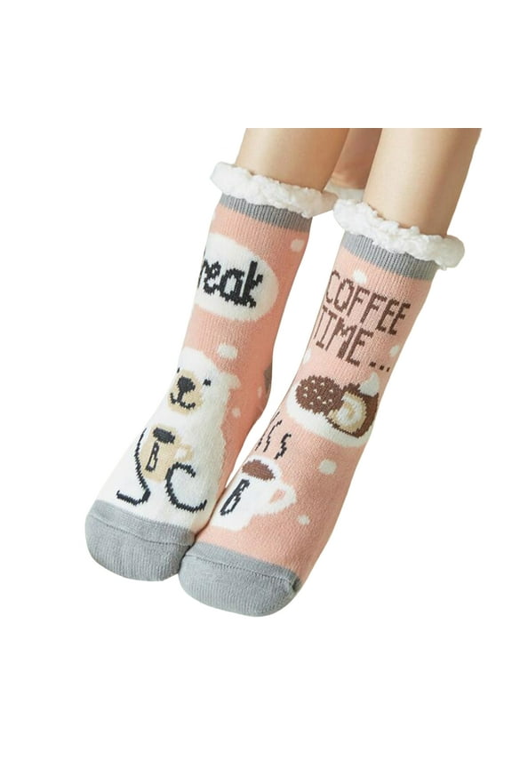 1 Pair Floor Socks Sherpa Lining Thickened Stretchy Soft Comfortable Keep Warm Non-slip Winter Thermal Women Indoor Home Slipper Sleeping Socks for Home,Pink