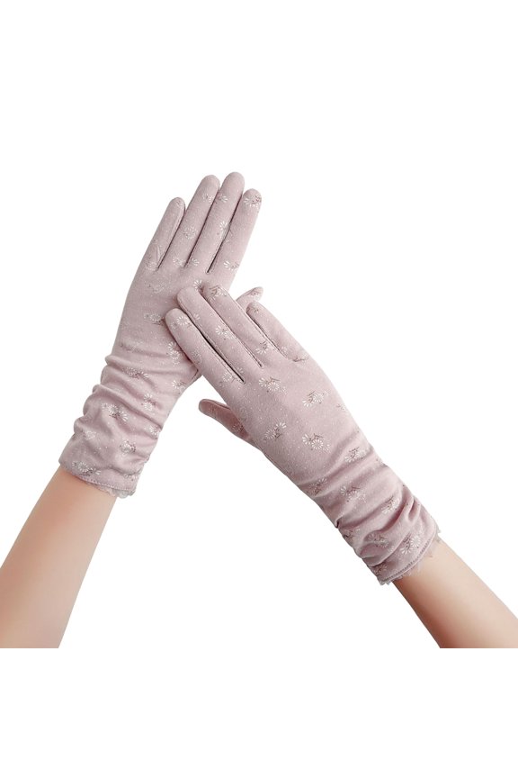 1 Pair Floral Print Anti-slip Palm Driving Gloves Full Finger Lace Stitching Wrist Extended Girls Outdoor Riding Sunscreen Mittens Cycling Accessories