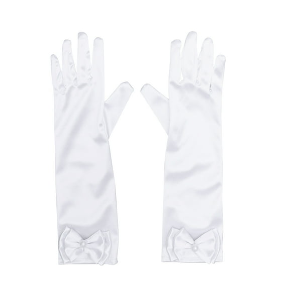 1 Pair Flower Girl Gloves Long Satin Bowknot Dress Gloves for Wedding Evening Party (White)