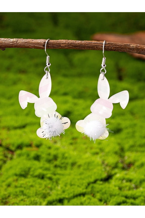 1 Pair Glitter Bunny Earrings with Pom Pom Tail | Sparkling Acrylic Easter Day Earrings for Women, Spring Gift & Holiday Party