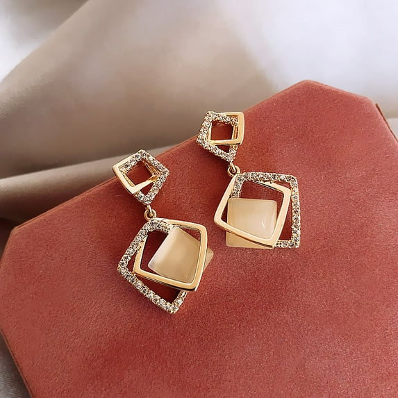 1 Pair S925 Silver Gold Geometric Rhombus Cat Eye Dangle Earrings Luxury Elegant Fashion Jewelry for Women Christmas Gifts