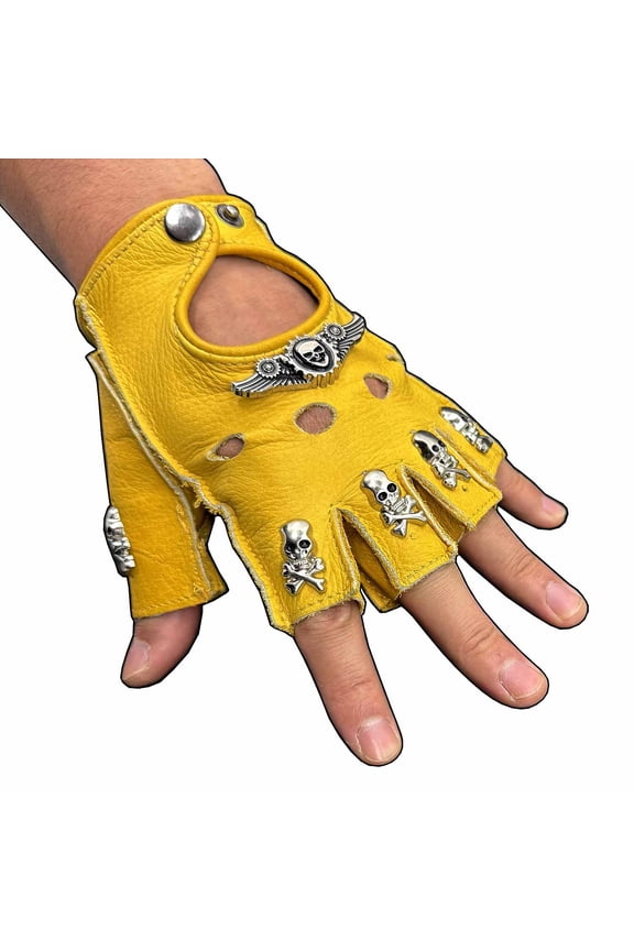 1 Pair Half Finger Genuine Leather Gloves Studded Feather Skull Mens Punk Rock Party Gloves