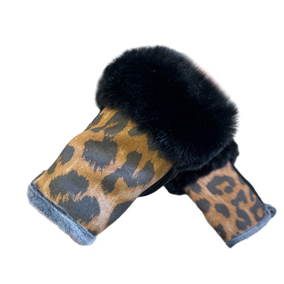1 Pair Half Finger Gloves Leopard Print Suedes Leather Furs Mittens Fingerless Gloves Soft Plush Warm Mittens