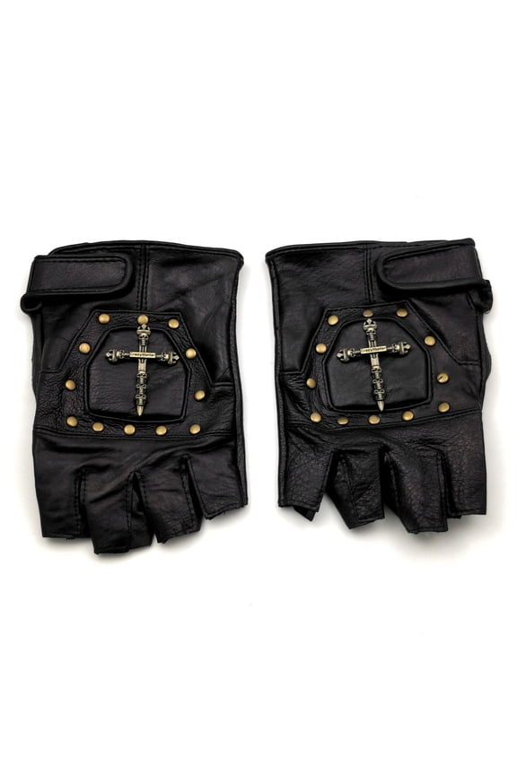 1 Pair Half Finger Real Leather Gloves Studded Men Punk Biker Motorcycle Gloves