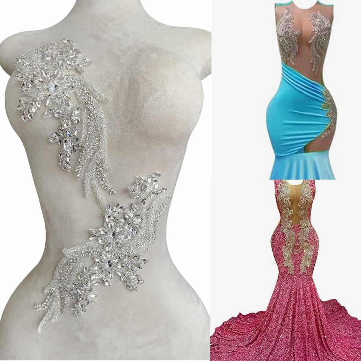 1 Pair Handmade Beaded Crystal Patches Bodice Lace DIY Applique Patches Accessory for Dress Clothes 35X12cm (Silver)