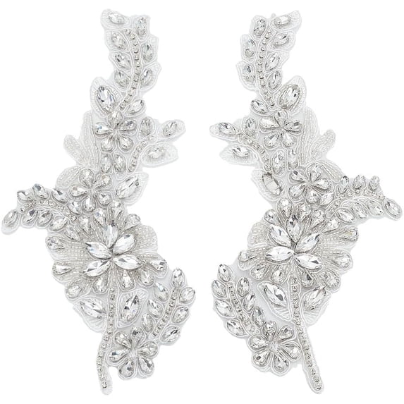 1 Pair Handmade Glass Rhinestone Nylon Cloth Flower Embroidery Lace Appliques for Costume Accessories Clear 205x100x5mm