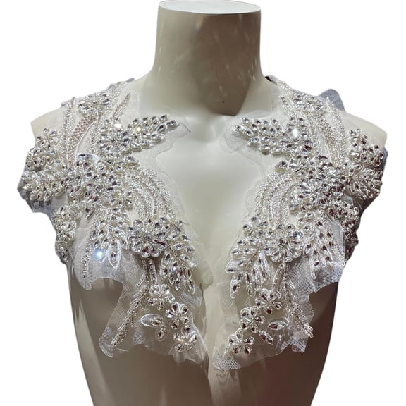 1 Pair of Handmade Rhinestone Appliques, 26.5 * 18cm DIY Clothing appliqué Patches, Sewing Beaded appliqué for Wedding Dress Apparel Accessories (White)