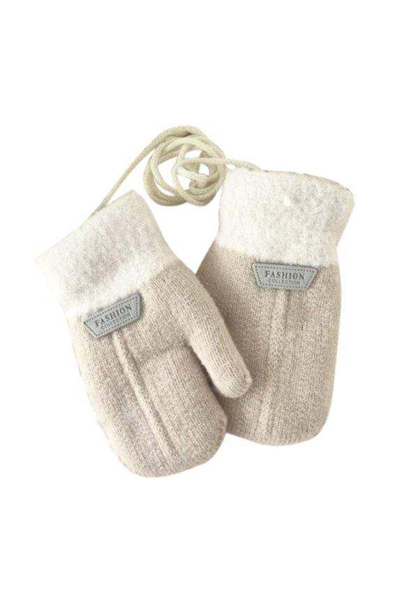 1 Pair Hanging Rope Halter Thickened Fleece Lining Winter Gloves Letter Logo Solid Color Baby Knitting Mittens