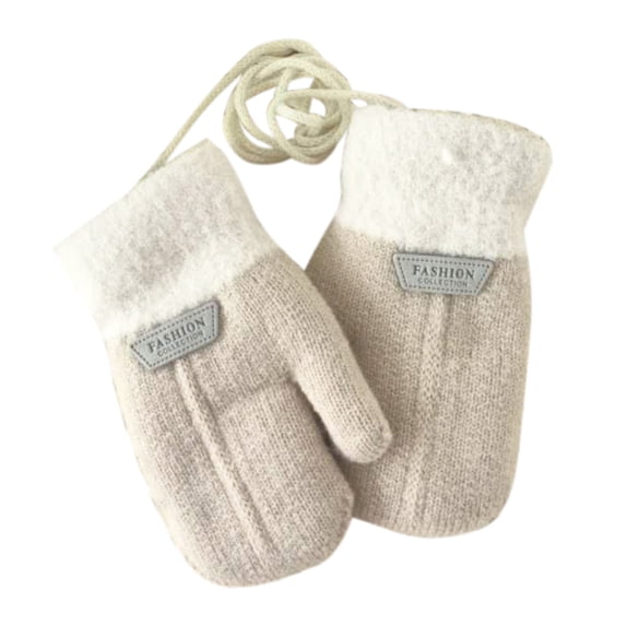 1 Pair Hanging Rope Halter Thickened Fleece Lining Winter Gloves Letter Logo Solid Color Baby Knitting Mittens