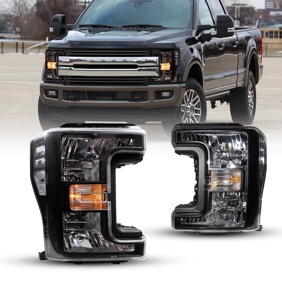 1 Pair Headlights for 2017 2018 2019 Ford F-250/F-350/F-450/F-550 Super Duty Halogen Headlight Model Only,with Amber Reflector,Matte Black+Clear Lens,Driver & Passenger Side