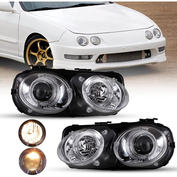 1 Pair Headlights Compatible with Acura Integra 1998-2001,LED DRL Halo Projector Headlights Assembly w/High & Low Beam (Chrome Housing Clear Lens)