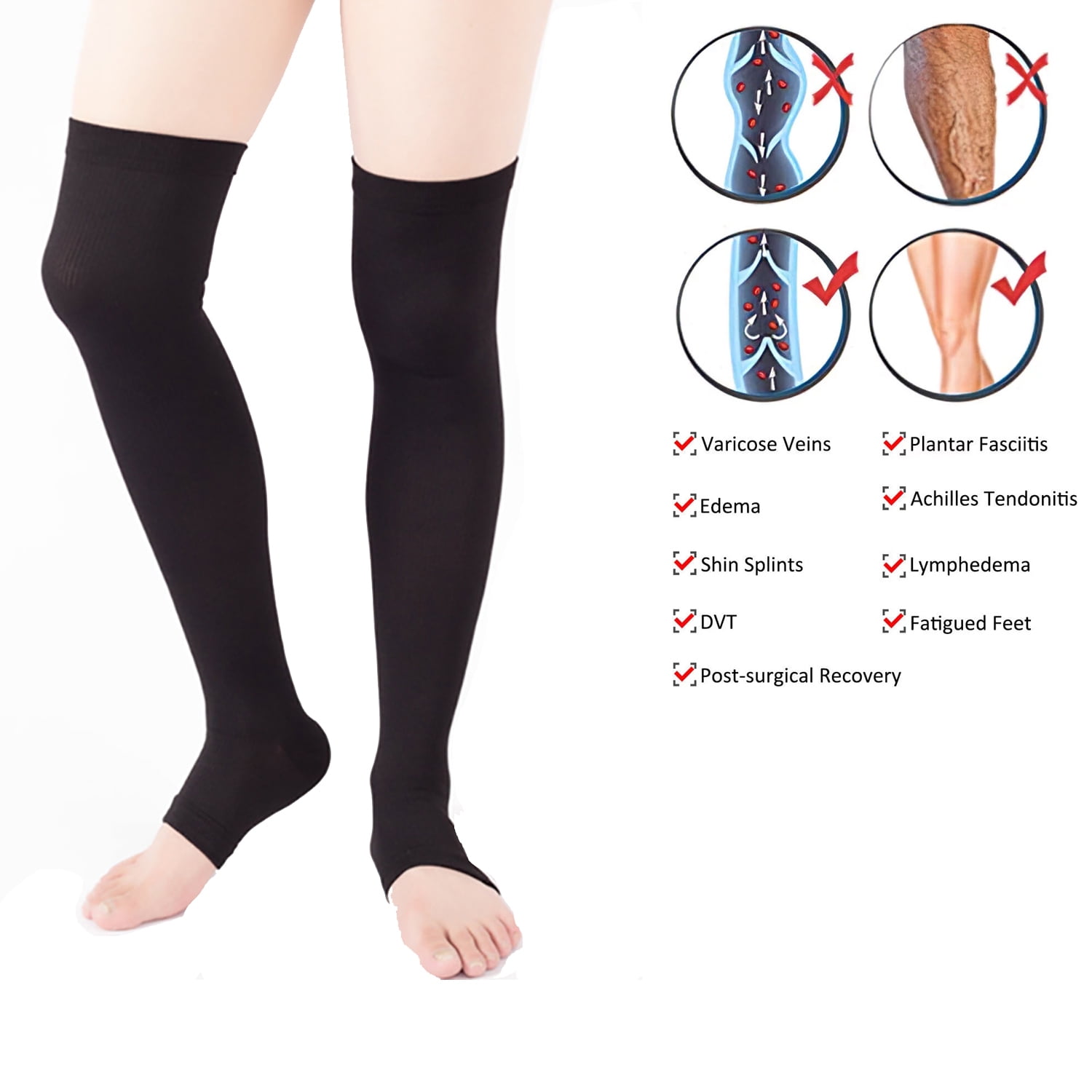 1 Pair High Compression Socks Leg Support Stretch Compression Socks Knee  High Stockings Open Toe Socks for Men Women, Anti Fatigue Pain Relief,  Helps Circulation, Varicose Veins 
