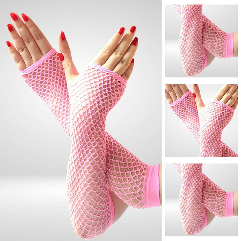 Wilitto 1 Pair High Elastic Fishnet Gloves Arm Cover Nylon Elbow Length Half Finger Mesh Gloves Costume Accessory-Pink, Women's, Size: One Size