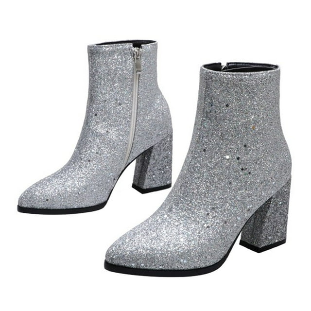 1 Pair High Heel Sequins Ankle Boots Pointed Toe Women's Boots Side