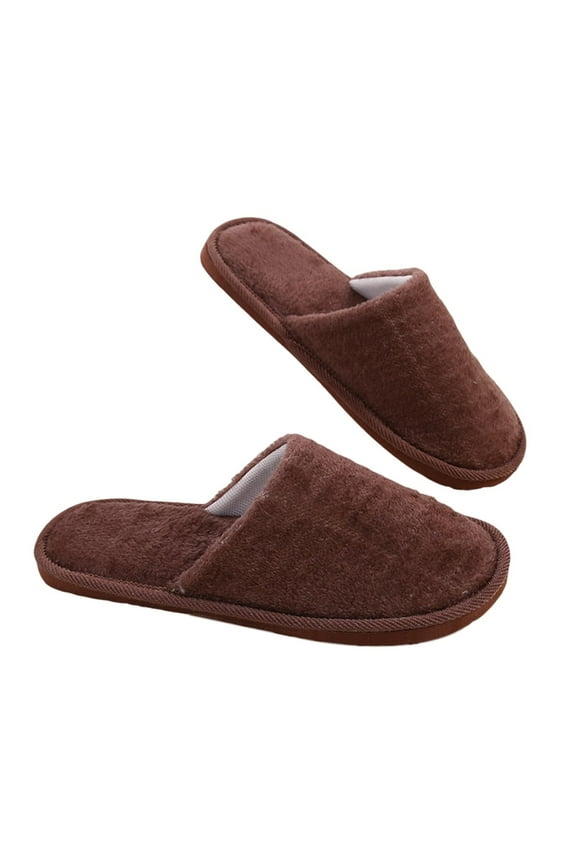 1 Pair Home Slippers Plush Solid Color Slip-on Soft Soles Coldproof Autumn Winter Flat Heel Anti Skid Couple Slippers Floor Footwear,Coffee