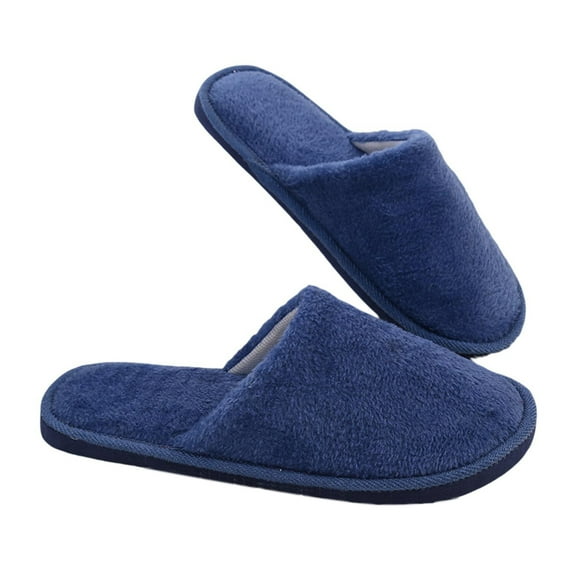 1 Pair Home Slippers Plush Solid Color Slip-on Soft Soles Coldproof Autumn Winter Flat Heel Anti Skid Couple Slippers Floor Footwear,Navy Blue