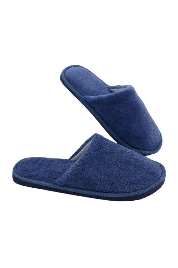 1 Pair Home Slippers Plush Solid Color Slip-on Soft Soles Coldproof Autumn Winter Flat Heel Anti Skid Couple Slippers Floor Footwear,Navy Blue