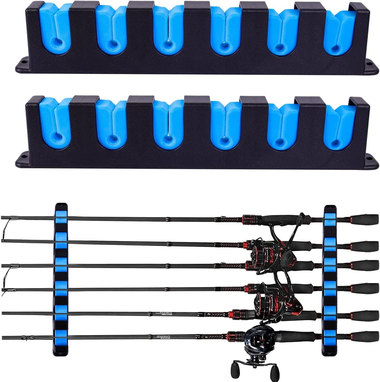 1 Pair Horizontal Fishing Rod Rack Holders Wall-mounted Fish Pole Holder  for Garage & Boat 6-Rod Storage Racks ，Blue