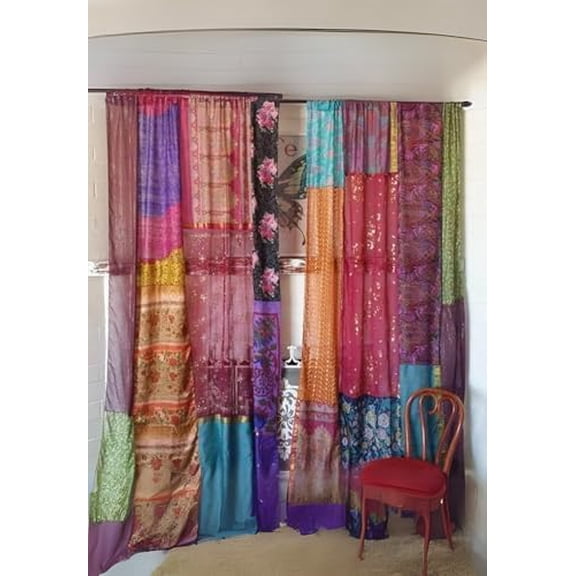 1 Pair of Indian Vintage Silk Sari Patchwork Curtains  Boho, Gypsy, Hippy Room Decor, Bohemian Wall Hanging, Unique Drapes, Assorted Colors & Patterns for Home Decor.$$Home Decor, Kitchen, & Other