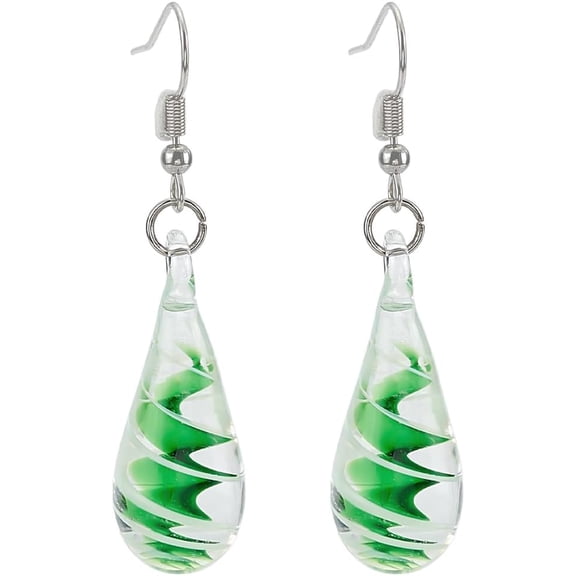 1 Pair Iron & Glass Teardrop with Spiral Pattern Dangle Earrings for Women Green 53mm Pin: 0.7mm