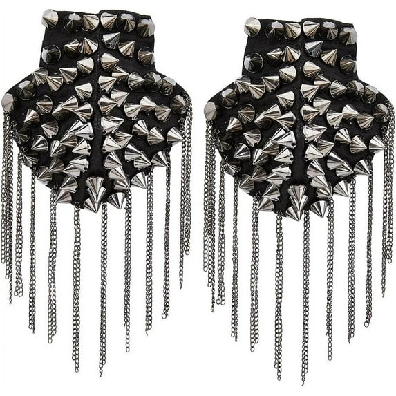 1 Pair Iron Shoulder Epaulet with Tassel and Rivets Detachable Punk Style Shoulder Badge Gunmetal Tassel Epaulette with Pin for Man Woman Leather Jacket Windbreaker Coat