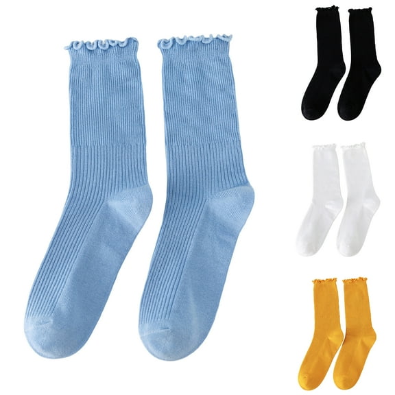 1 Pair Japanese Style Ribbed Solid Color Thermal Socks Spring Autumn Women Ruffle Cuffs Mid-Tube Socks,Yellow