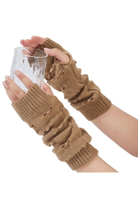 1 Pair Khaki Arm Warmers with Thumb Holes Cute Long Knitted Fingerless Mittens Gloves Ripped Goth Grunge Punk Harajuku Alt Emo Arm Wrist Warmer Socks Sleeves for Women Winter Accessories DIY