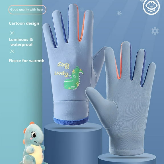 1 Pair Kids Cycling Gloves Water-Resistant Cartoon Print Outdoor Thermal Mittens Fleece Lining Winter Warm Gloves