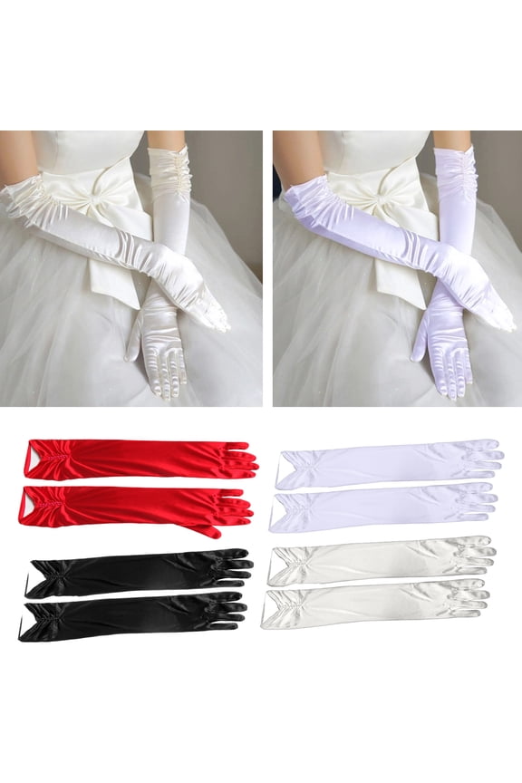 1 Pair Ladies Gloves Bride Wedding Gloves Over Elbow Length Romatic White Faux Pearl Pleated Satin Full Fingers Prom Party Gloves