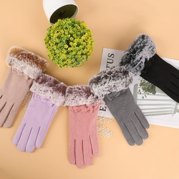 1 Pair Ladies Gloves Faux Fur Bow Decor Five Fingers Solid Color Touch Screen Thick Windproof Warm Soft Anti-slip Lady Riding Cyling Gloves