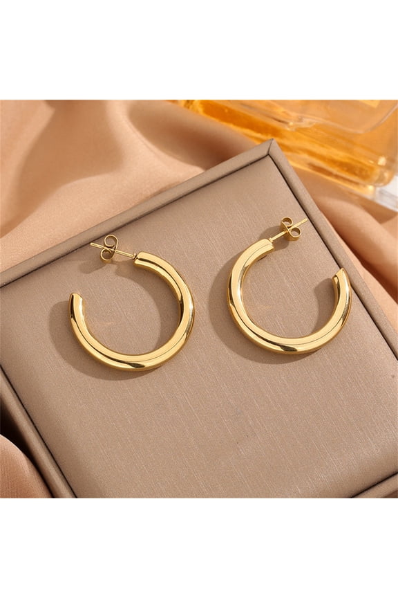 1 Pair Letter C 14K Yellow Gold Stud Earrings for Women Fashion Round Circle Bijoux Femme Gift