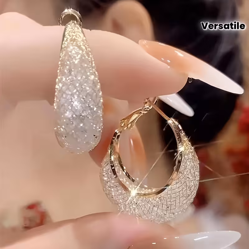 1 Pair Light Luxury Mesh-Wrapped Rhinestone Hoop Earrings, High-End Sparkling Jewelry, Versatile Daily & Party Accessory for Women