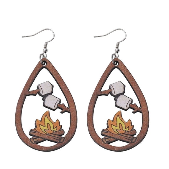 1 Pair Lightweight Wooden Drop Dangle Earrings, Campfire Earrings for Women, Teardrop Campfire Jewelry for Camping Lovers