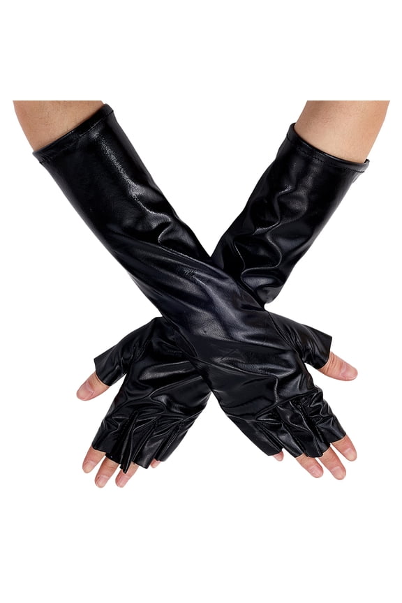 1 Pair Long Patent Leather Gloves Black Fingerless Metallic Punk Glove Costume Sexy Half Finger Rock Stage Mittens Bulk