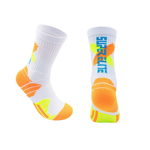 1 Pair Long Socks Non-slip Ankle Protection Comfortable Wear-resistant High Elasticity Foot Protector Shockproof Sweat Absorption Basketball Socks for Jogging-White & Yellow,One Size