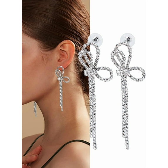 1 Pair Long Tassel Bowknot Earrings Rhinestone Cubic Zirconia Stud Earrings with 925 Sterling Silver Pins Everyday Illusion Jewelry for Women Wedding Birthday Party Gifts 81mm Long Making DIY